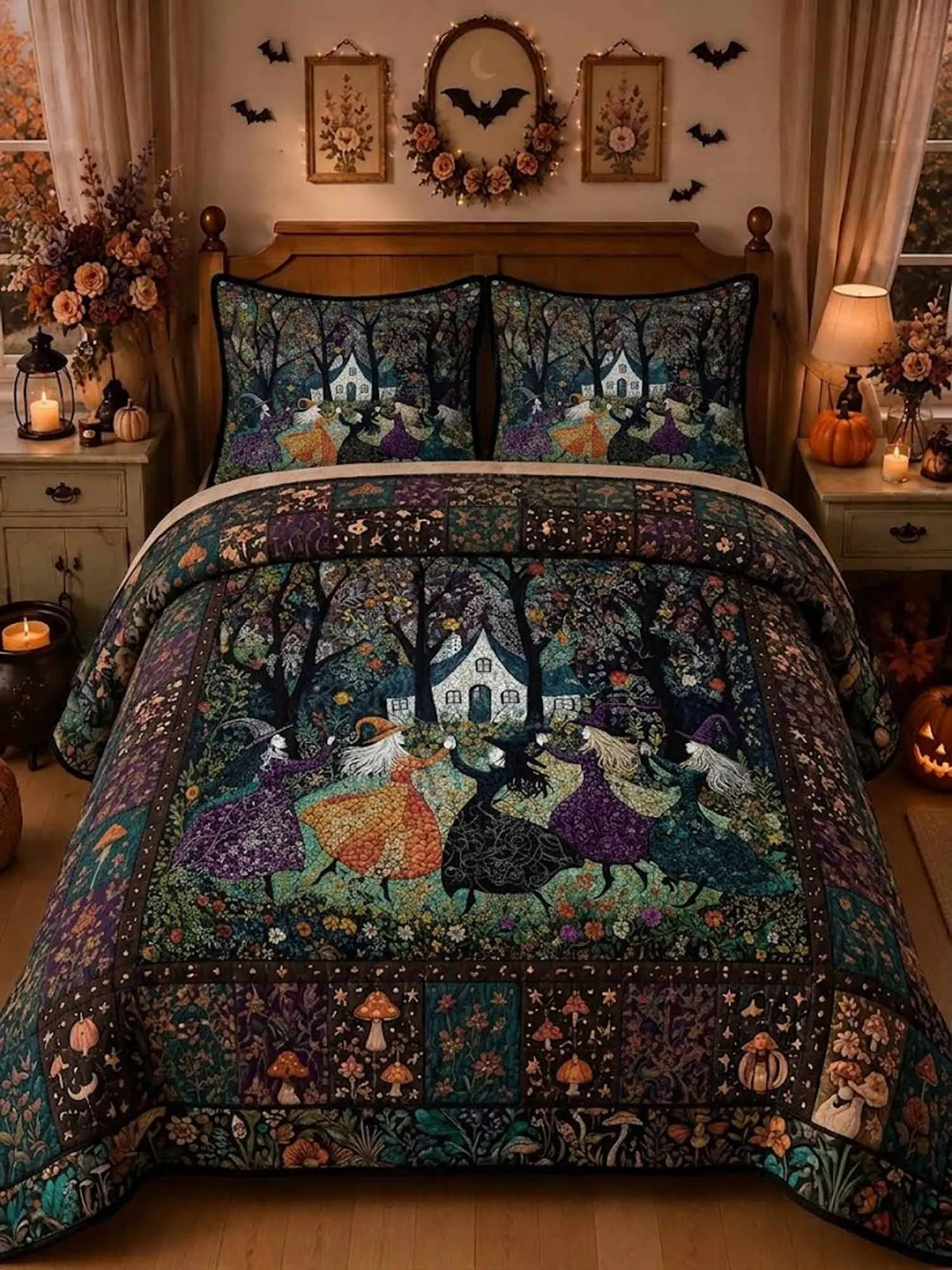 Floral Ghost Pumpkin Skull Halloween All‐Over Print Quilted 3‐Piece Bedding Set