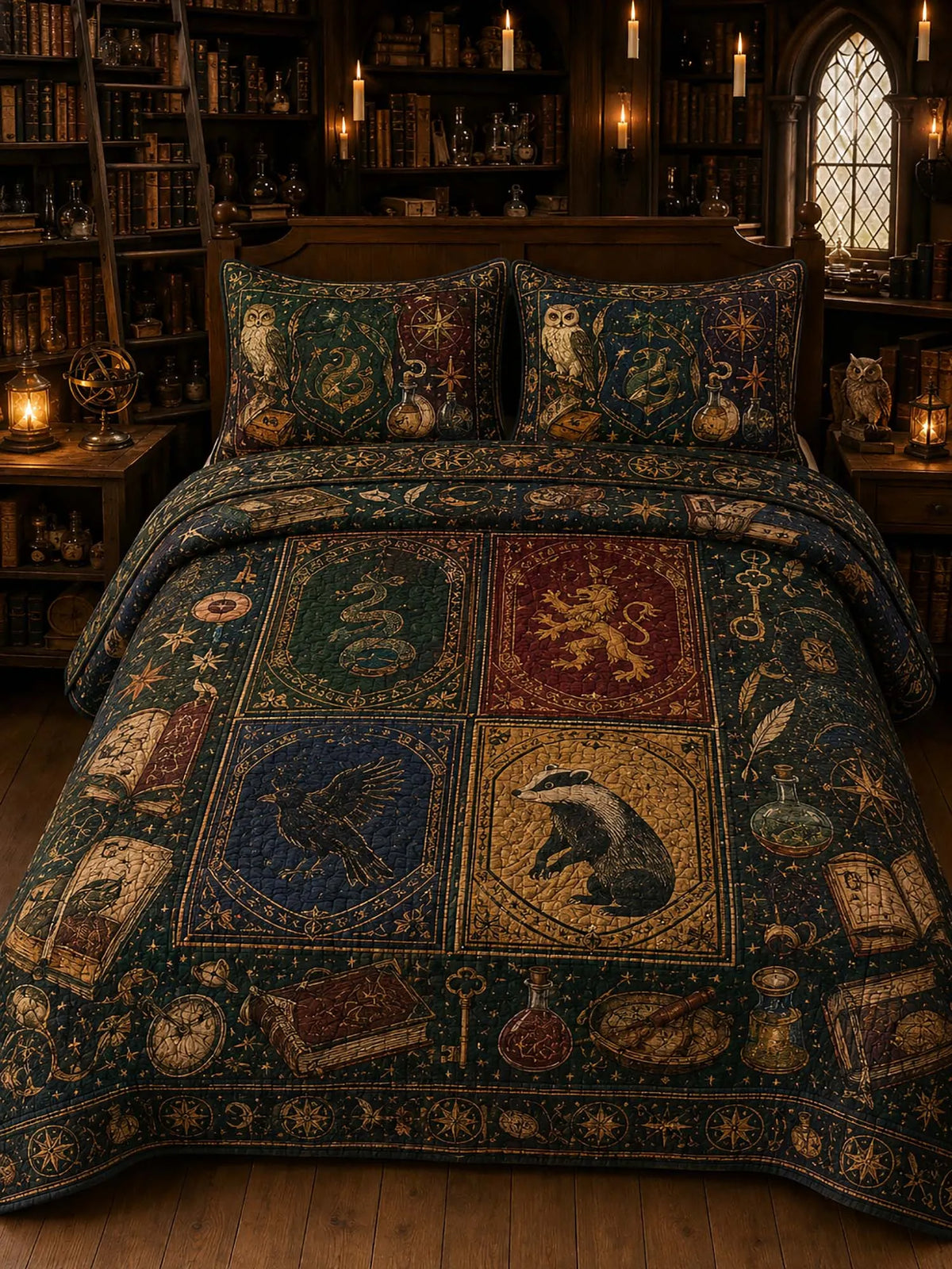 Retro Mystic Beast Totem Alchemy Patchwork Quilted 3‐Piece Bedding Set