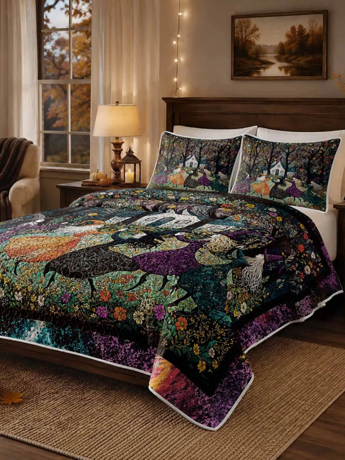 Floral Ghost Pumpkin Skull Halloween All‐Over Print Quilted 3‐Piece Bedding Set