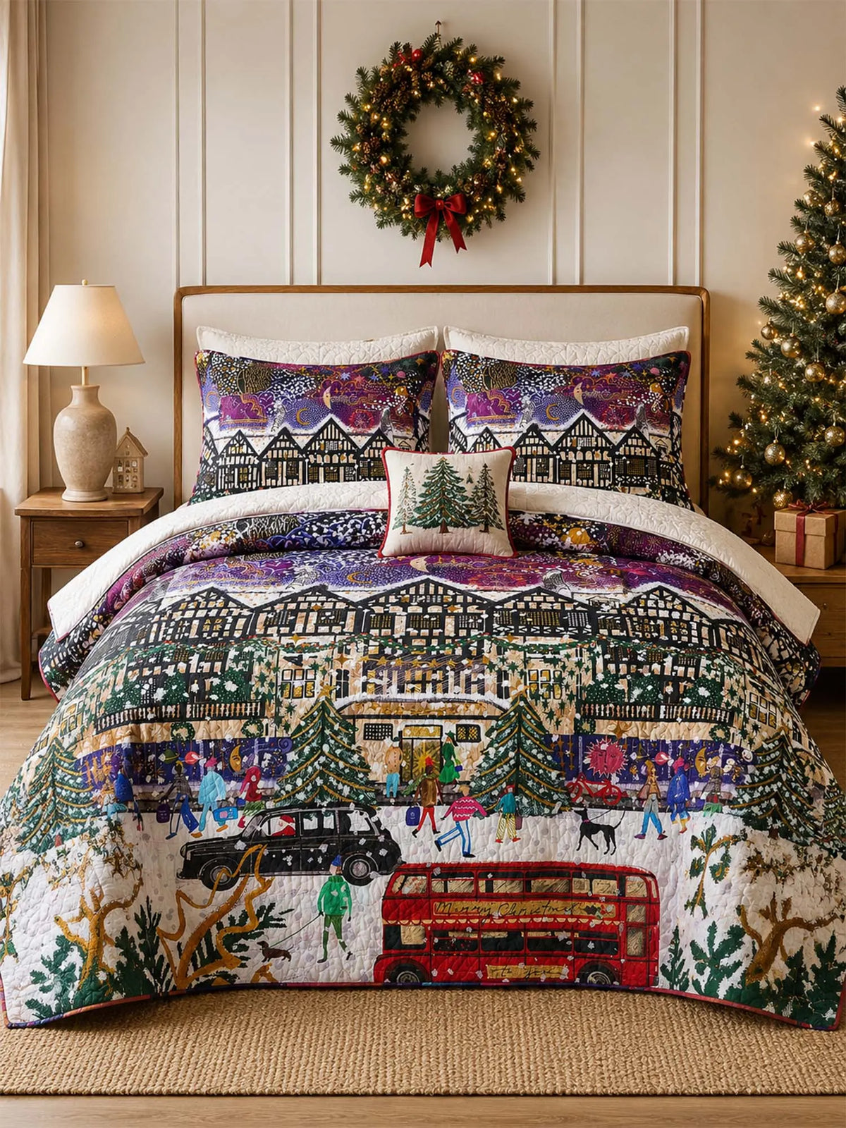 London Christmas Village Quilted 3-Piece Bedding Set
