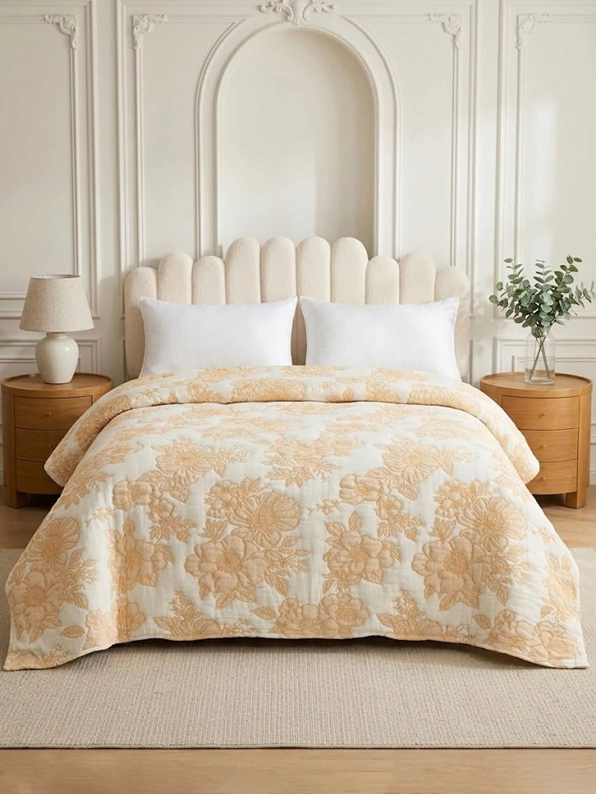 Warm Yellow Vintage Large Floral Quilted Bedspread Cotton Puff Quilt Blanket