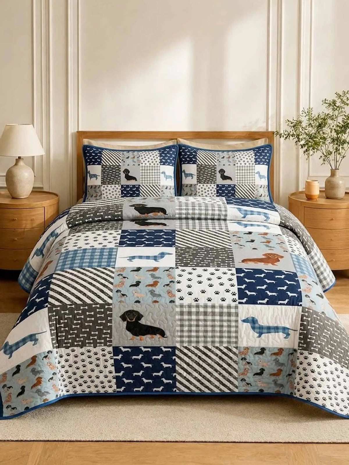 Dachshund Patchwork Quilted 3‐Piece Bedding Set