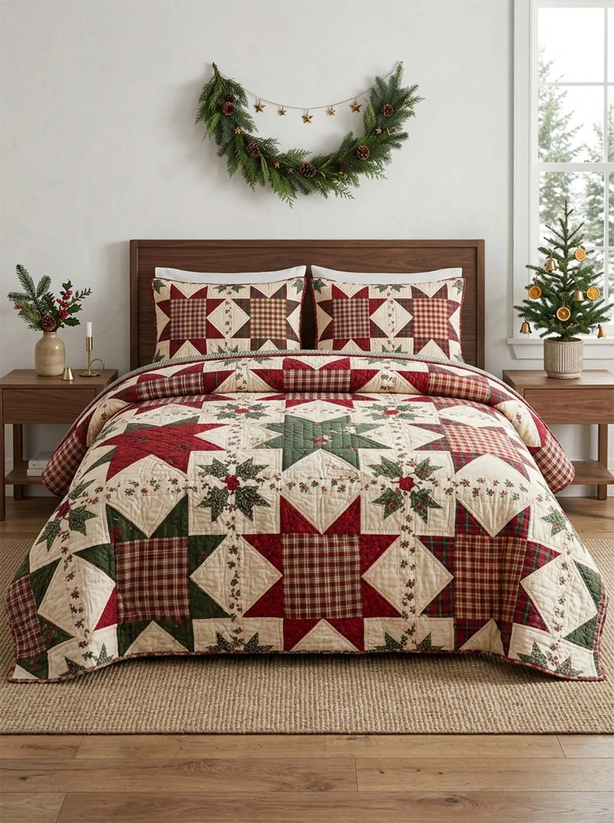 Christmas Star Patchwork Quilted 3-Piece Bedding Set