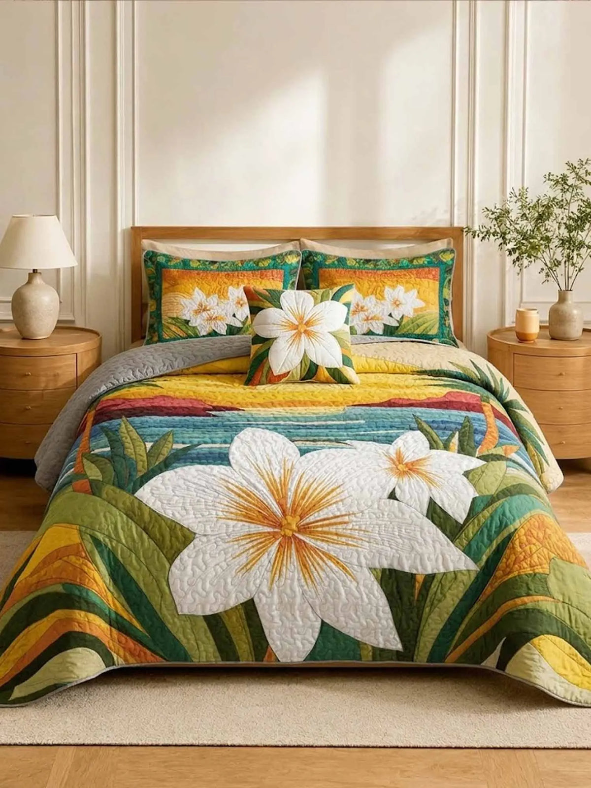 Tropical Plumeria Floral Patchwork Quilted 3‐Piece Bedding Set