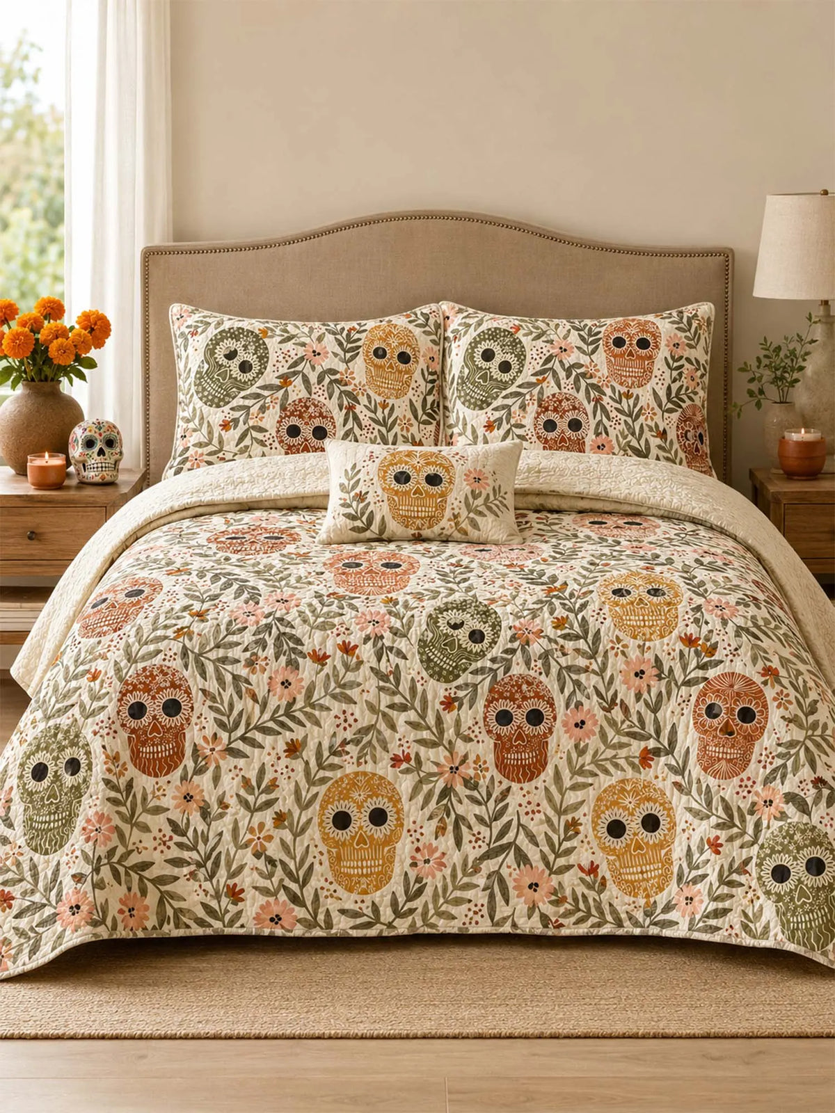 Sugar Skull Botanical Quilted 3-Piece Bedding Set