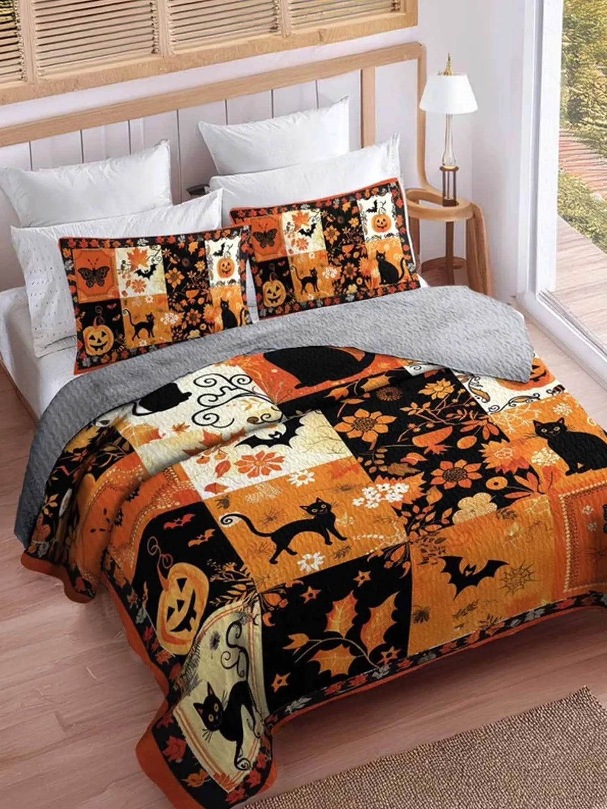 Halloween Patchwork Black Cat Pumpkin Bat Quilted 3‐Piece Bedding Set