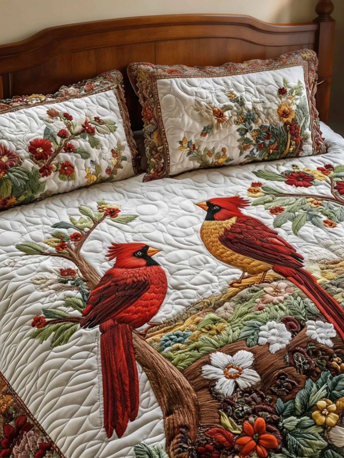 Cardinal Love Dance 3‐Piece Quilted Bedding Set