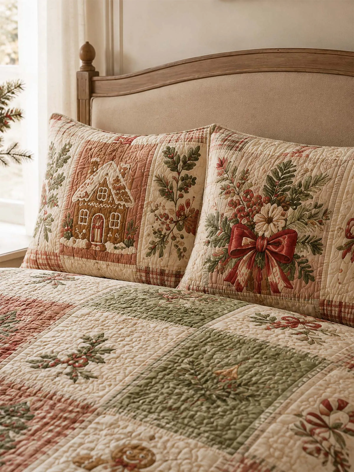Gingerbread Christmas Patchwork Quilted 3-Piece Bedding Set