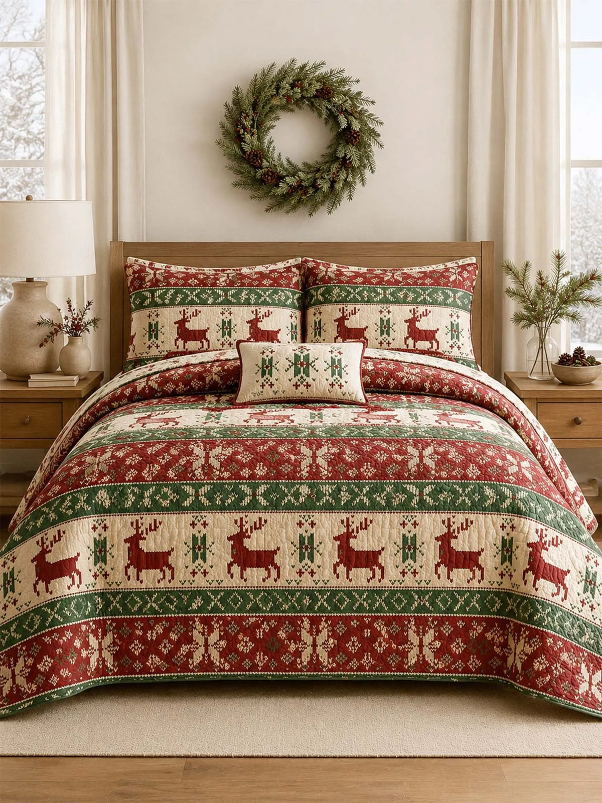 Reindeer Nordic Christmas Quilted 3-Piece Bedding Set