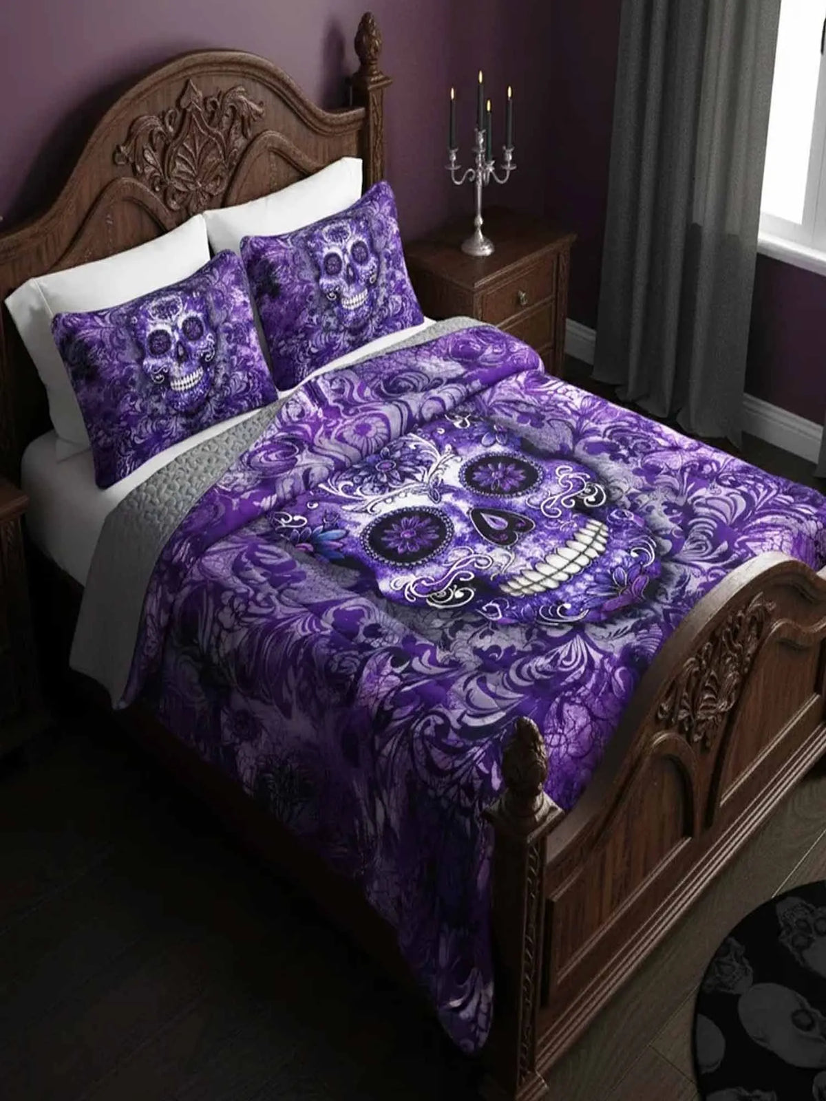 Dark Damask Scroll Skull Vintage Gothic Halloween Quilted 3‐Piece Bedding Set