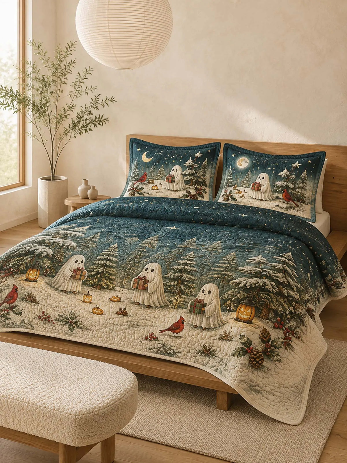 Winter Forest Ghost Gift Cardinal Snowy Quilted 3‐Piece Bedding Set