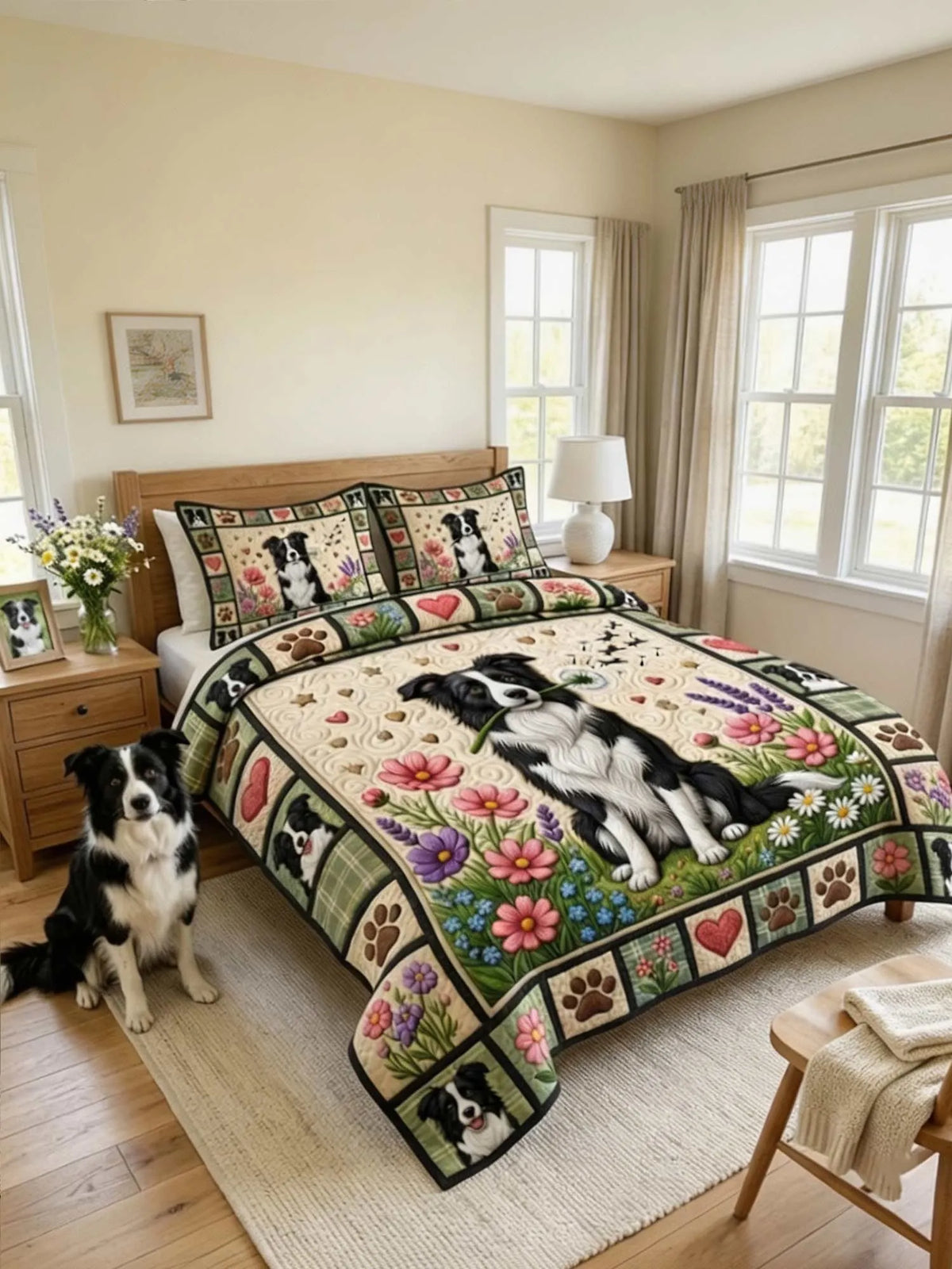 Border Collie 3‐Piece Quilted Bedding Set
