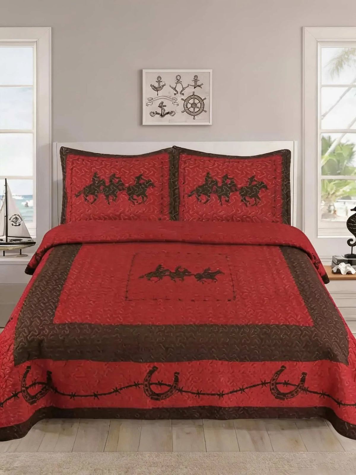 Red Western Cowboy Horse Horseshoe 3‐Piece Quilted Bedding Set