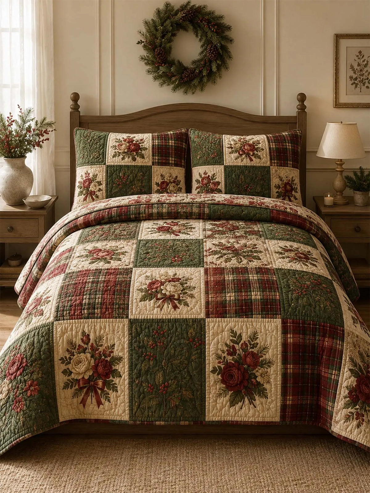 Christmas Rose Patchwork Quilted 3-Piece Bedding Set