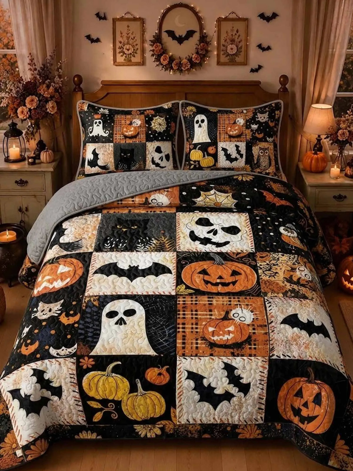 Vintage Distressed Halloween Patchwork Pumpkin Ghost Quilted 3‐Piece Bedding Set
