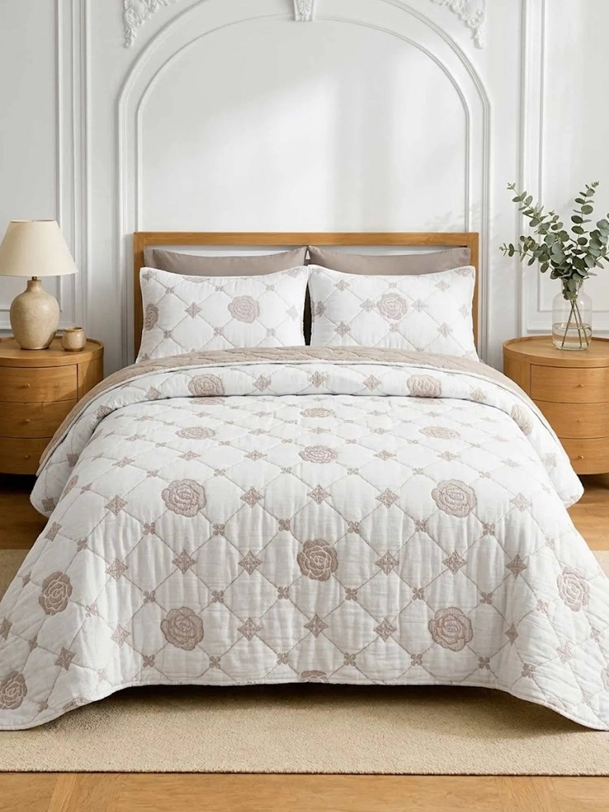 Light Taupe Rose Diamond Grid Quilted Bedspread Cotton Puff Quilt Blanket