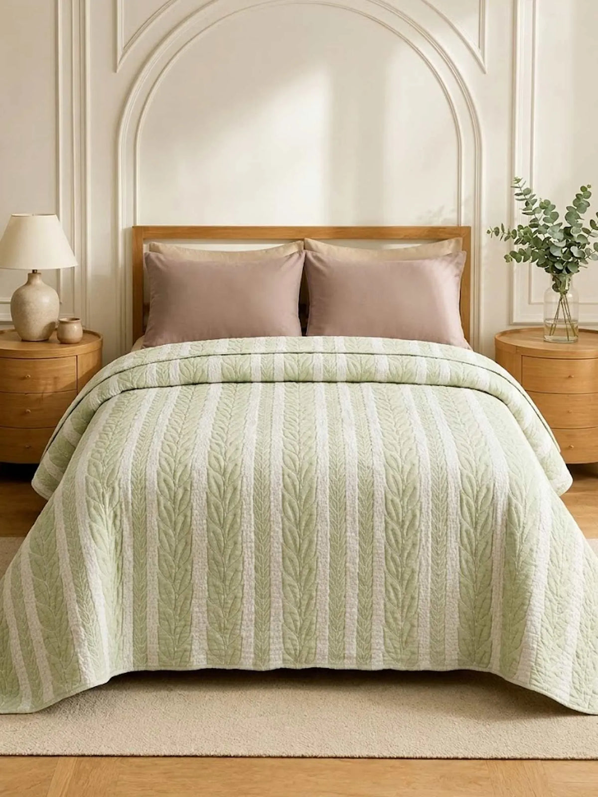 Fresh Green Leaf Vertical Stripe Quilted Bedspread Cotton Puff Quilt Blanket