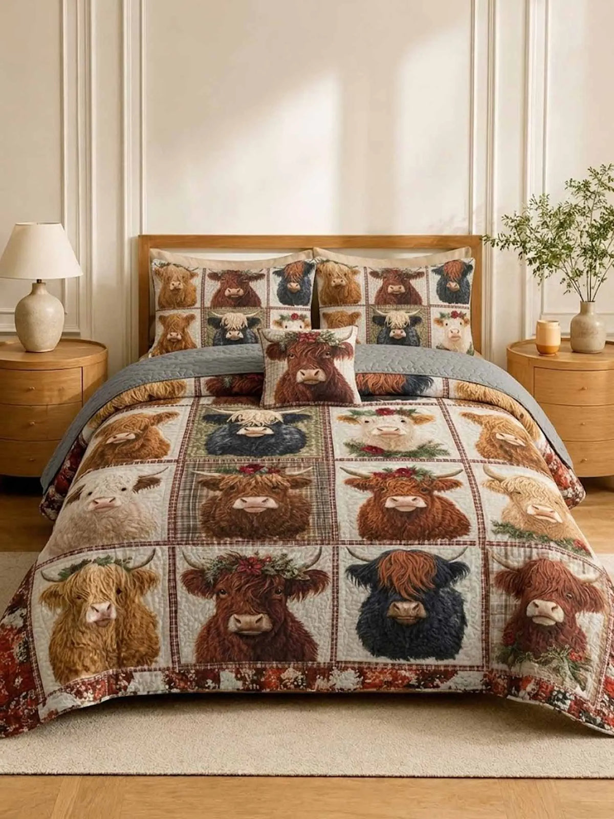 Highland Cow Patchwork Quilted 3‐Piece Bedding Set