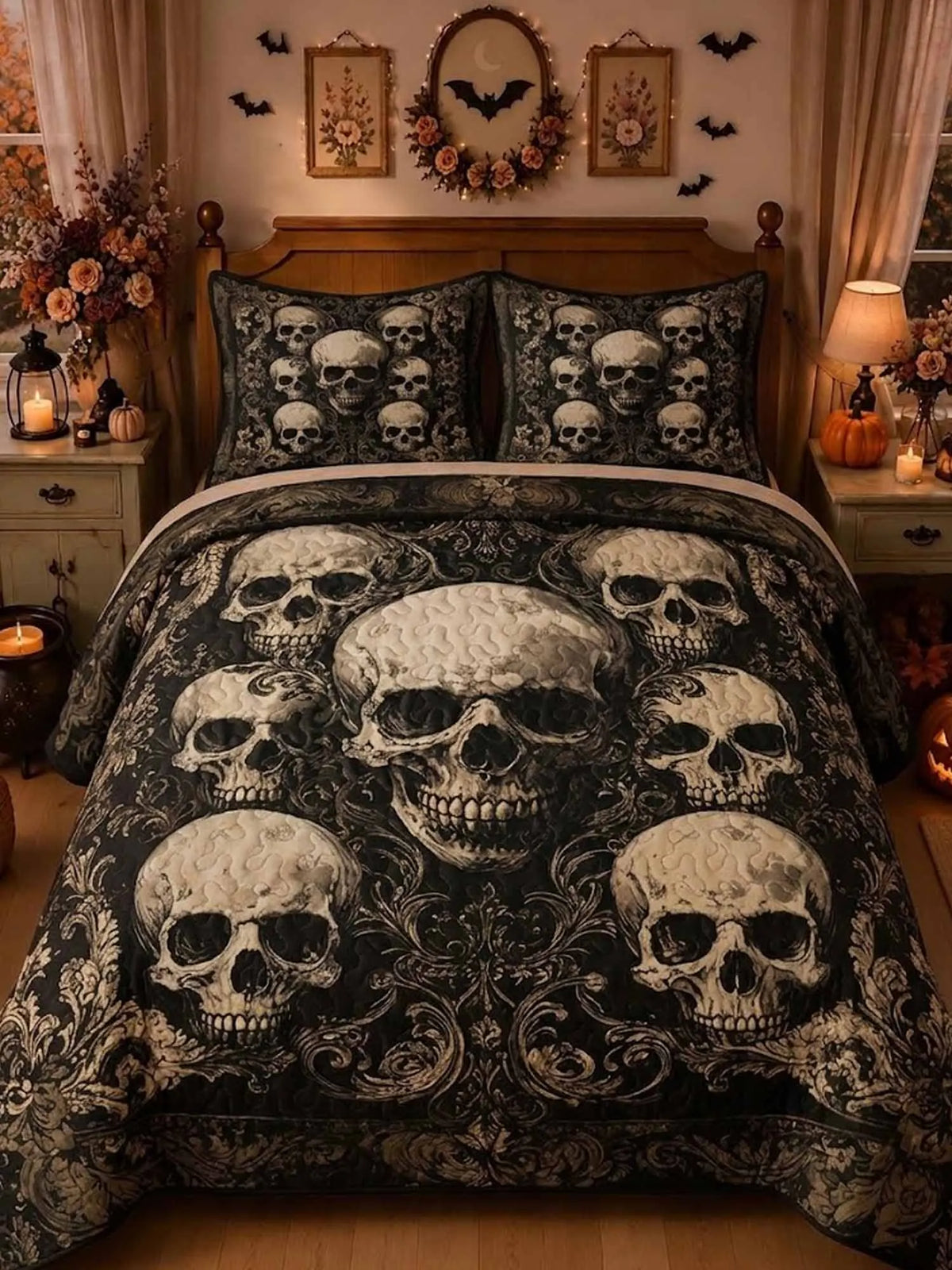 Vintage Gothic Skull Damask Scroll Quilted 3‐Piece Bedding Set