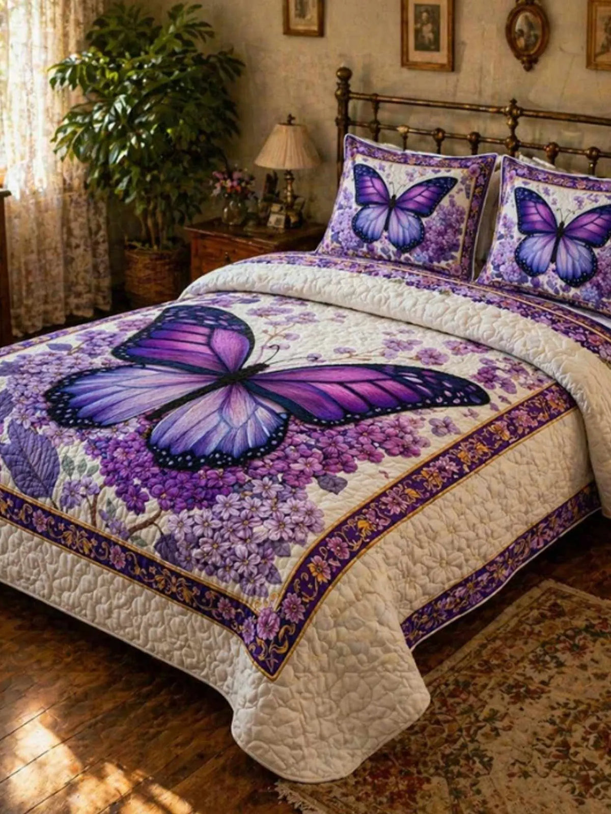 Lavender Butterfly Dream 3‐Piece Quilted Bedding Set