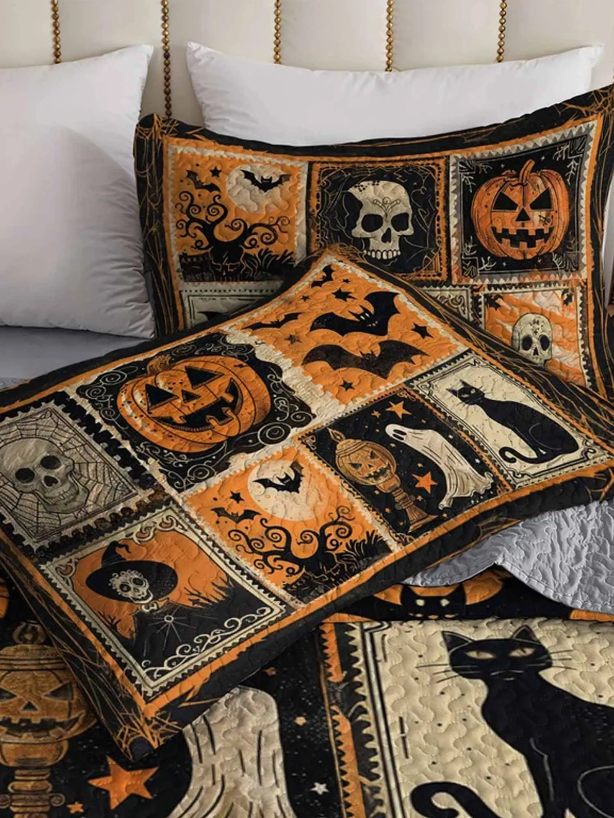 Vintage Stamp Skull Ghost Witch Halloween Patchwork Quilted 3‐Piece Bedding Set