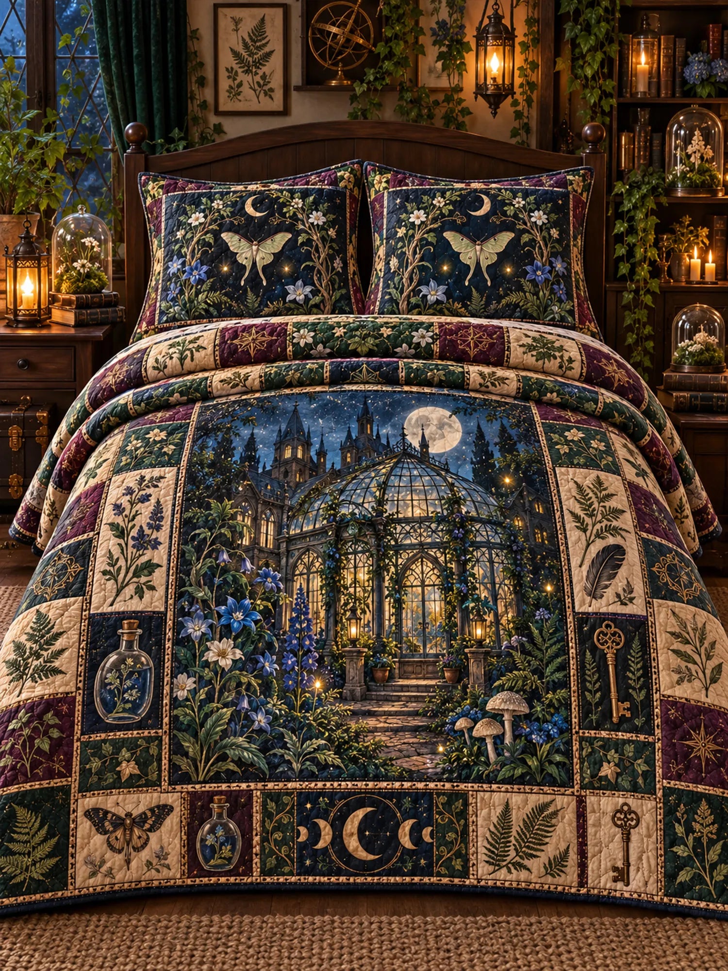 Fantasy Castle Heraldic Emblem Owl Star Quilted 3‐Piece Bedding Set