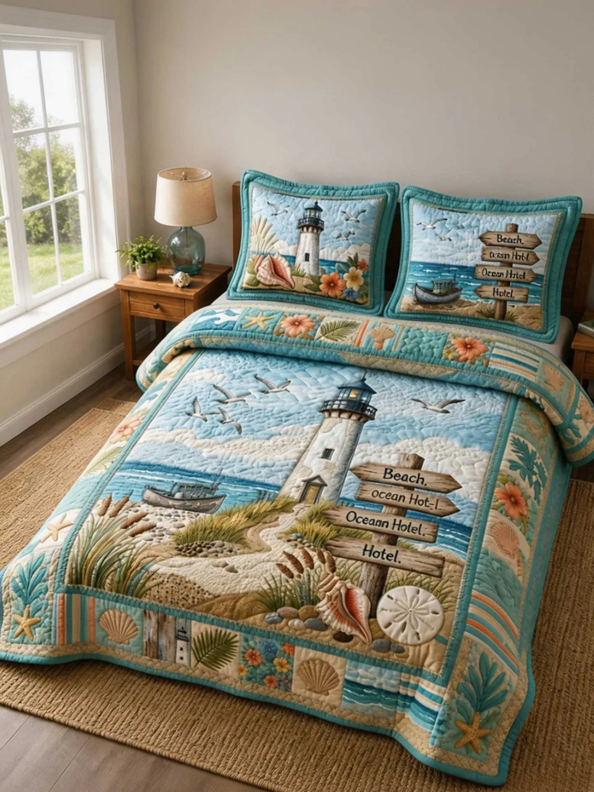 Coastal Life Lighthouse 3‐Piece Quilted Bedding Set