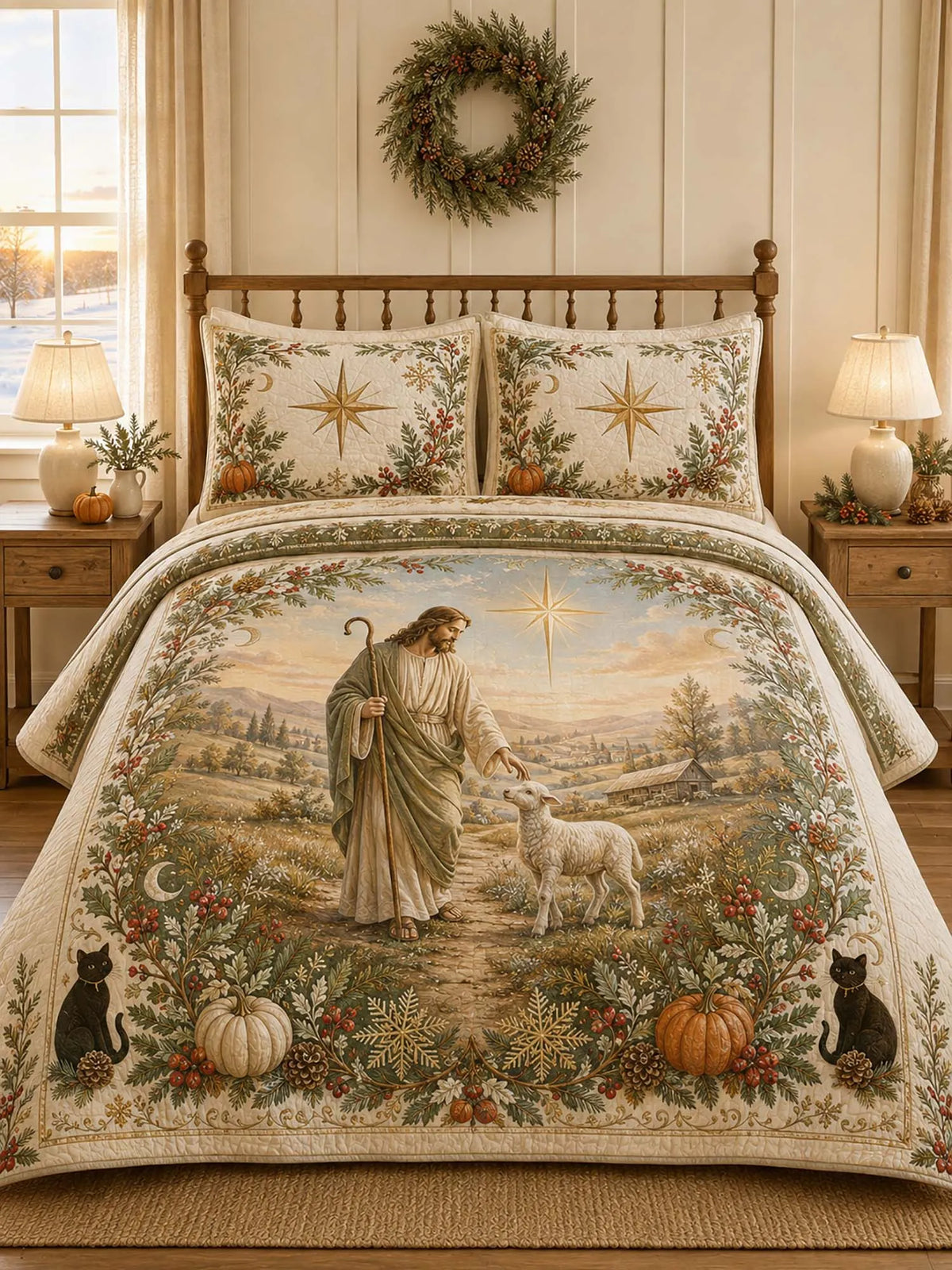 Farmhouse Good Shepherd Jesus Black Cat Pumpkin Wreath Quilted 3‐Piece Bedding Set