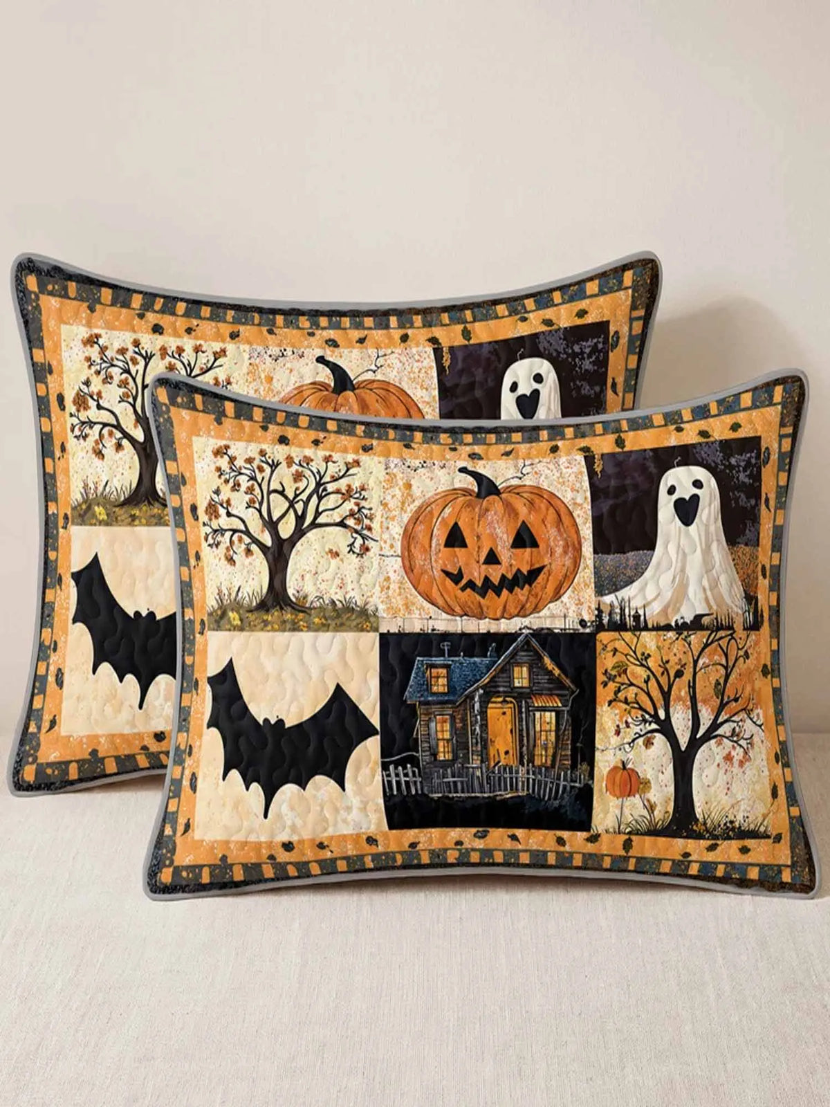 Trick or Treat Halloween Village Patchwork Quilted 3‐Piece Bedding Set
