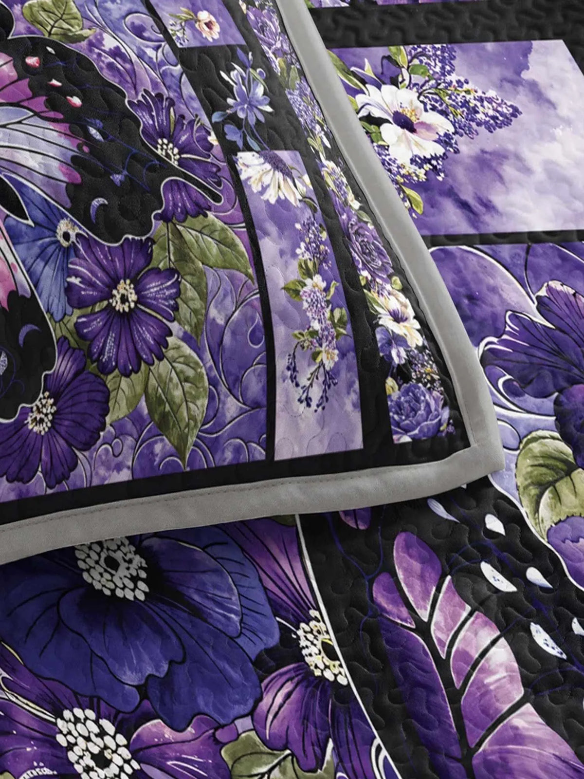 Purple Butterfly Floral Patchwork Quilted 3‐Piece Bedding Set