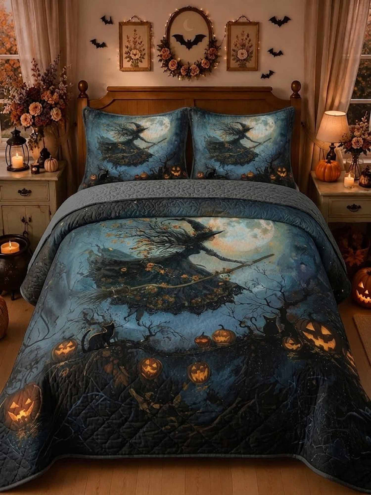 Flying Witch Moonlit Pumpkin Halloween Quilted 3‐Piece Bedding Set