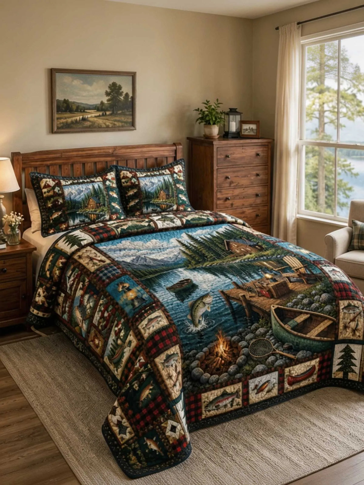 Lake Cabin Camping 3‐Piece Quilted Bedding Set