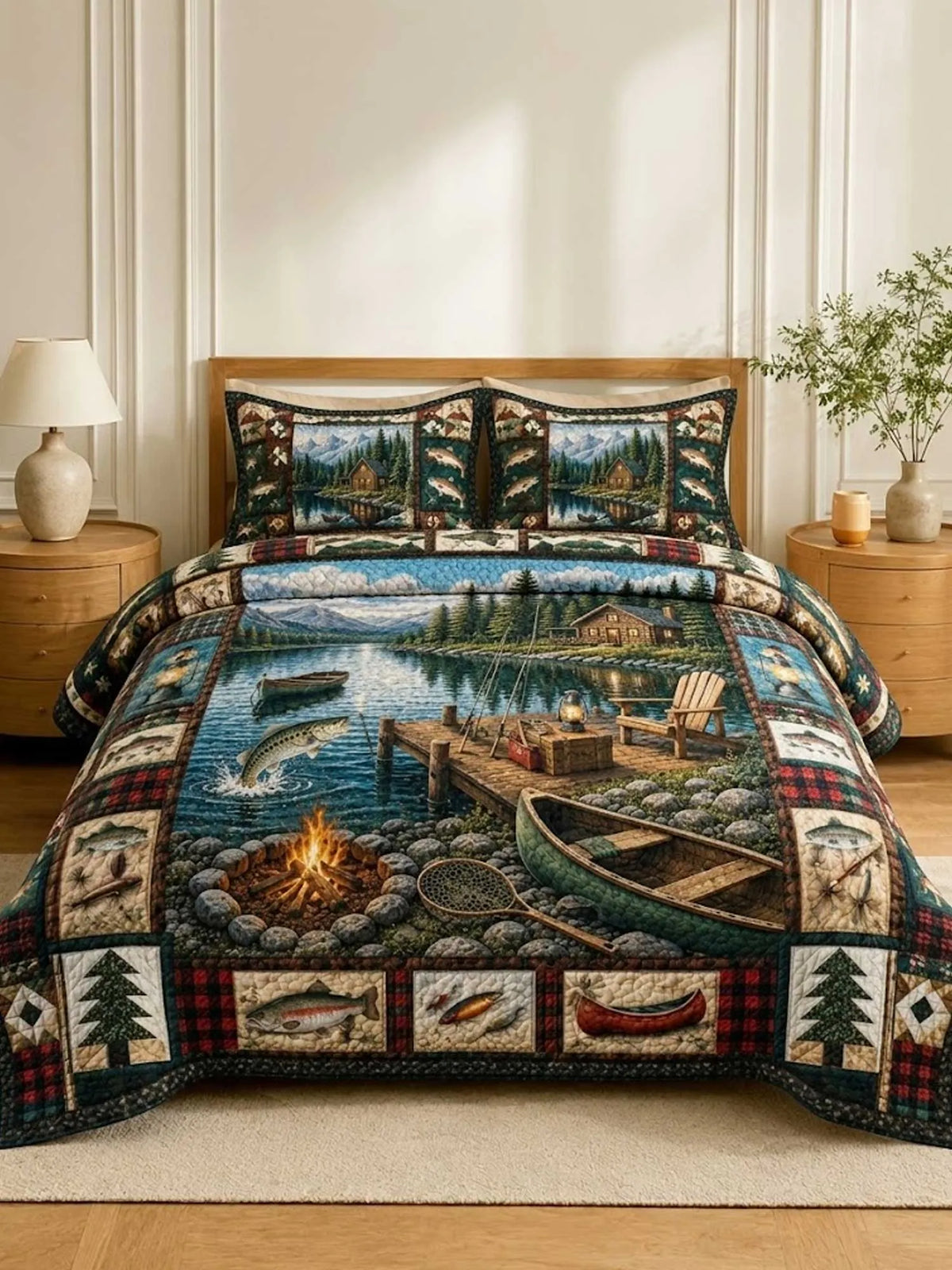 Lake Cabin Camping 3‐Piece Quilted Bedding Set