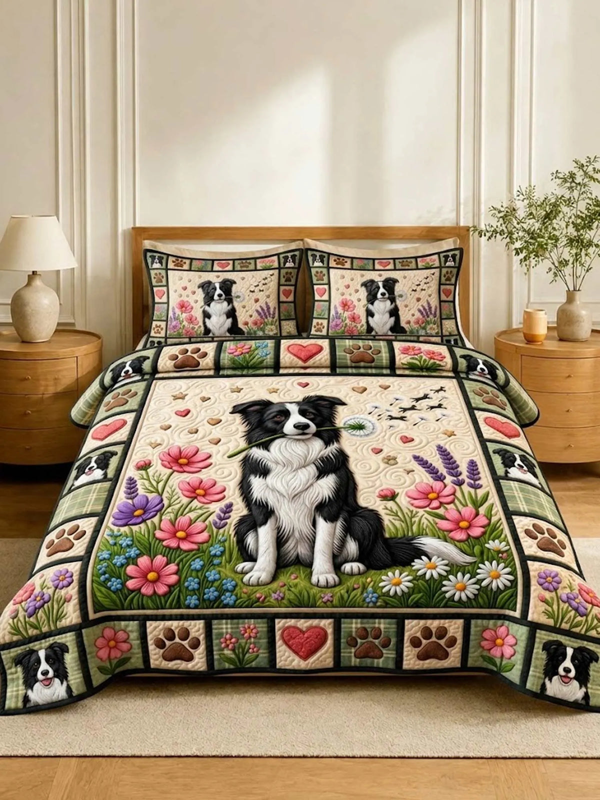 Border Collie 3‐Piece Quilted Bedding Set