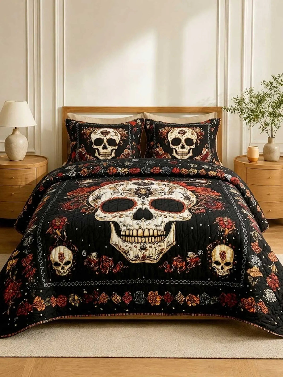 Vintage Skull 3‐Piece Quilted Bedding Set