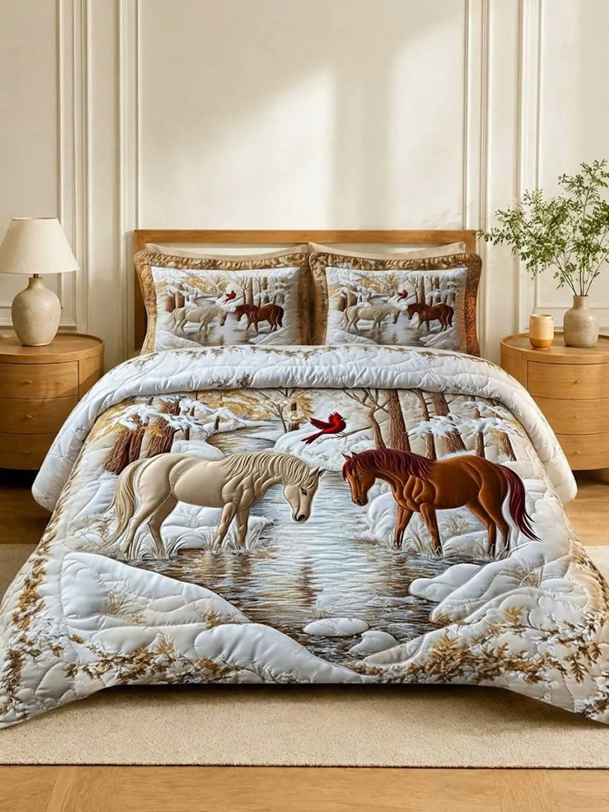 Horse Couple Winter 3‐Piece Quilted Bedding Set
