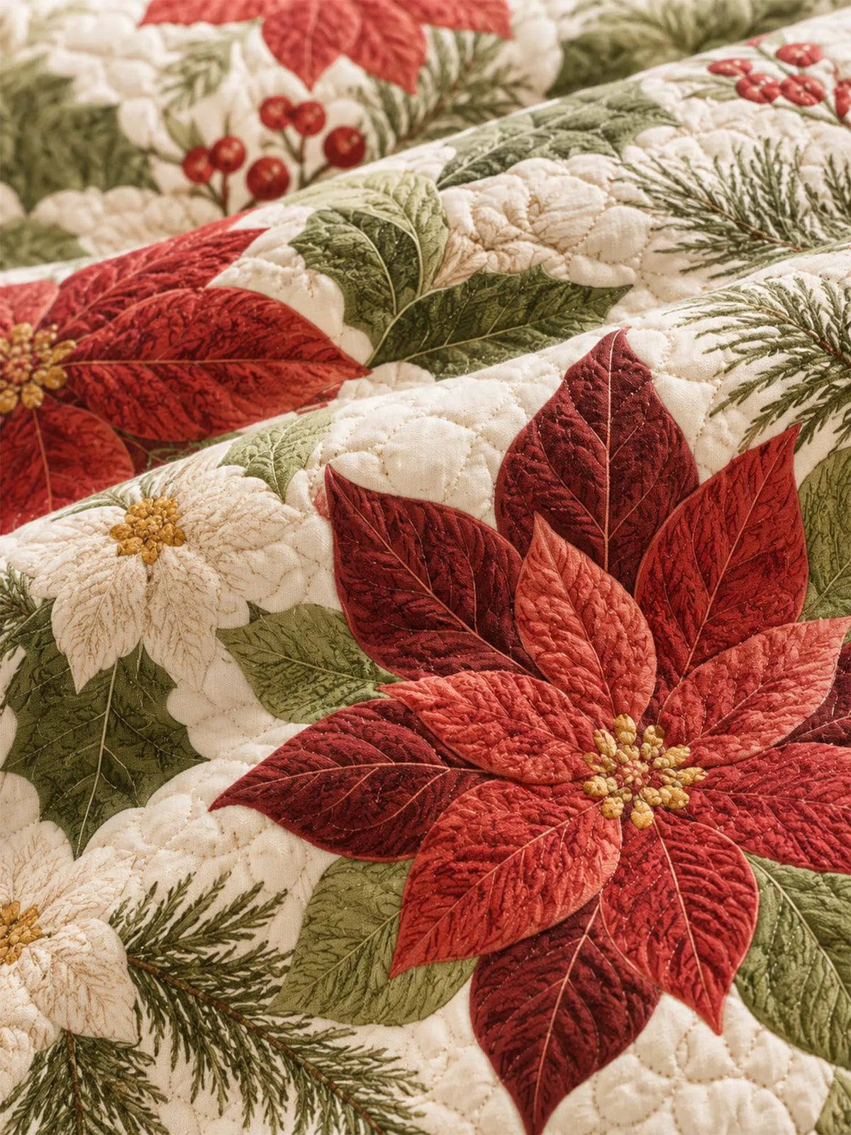 Poinsettia Botanical Christmas Quilted 3-Piece Bedding Set