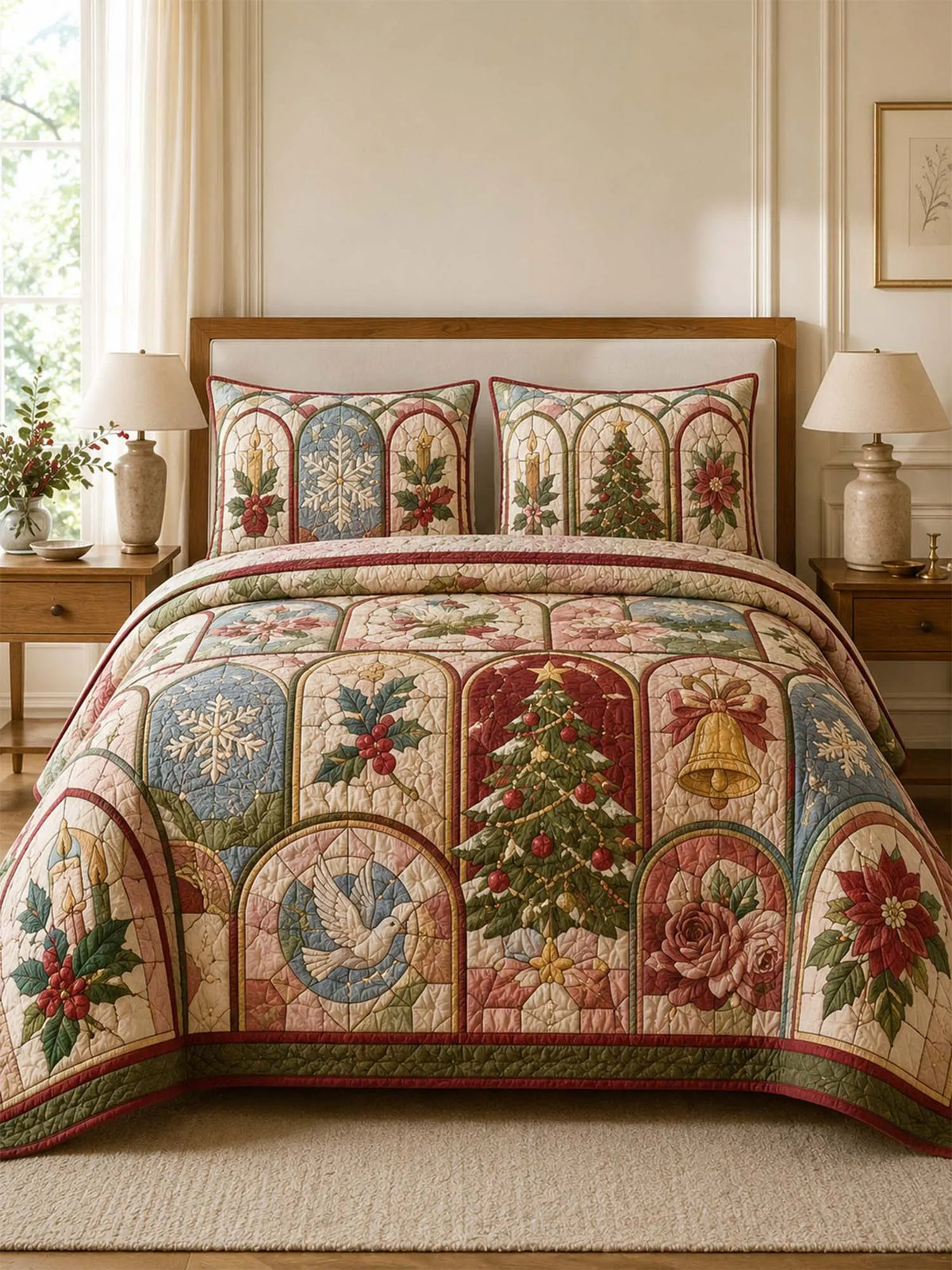 Christmas Chapel Window Quilted 3-Piece Bedding Set