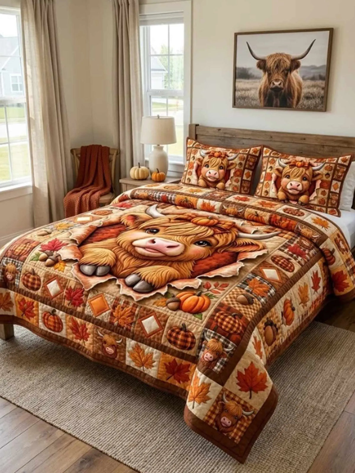Fall Highland Cow 3‐Piece Quilted Bedding Set