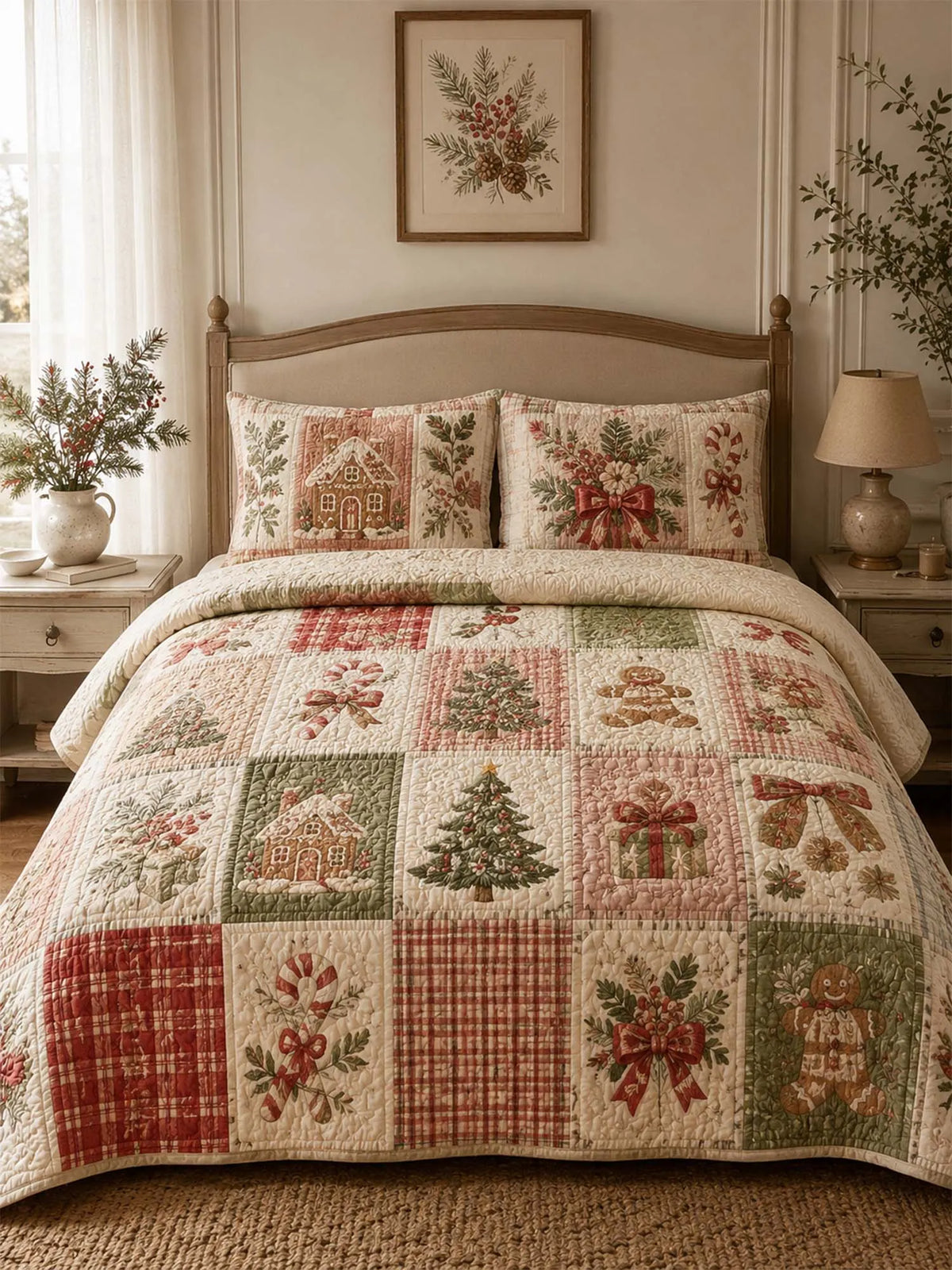Gingerbread Christmas Patchwork Quilted 3-Piece Bedding Set