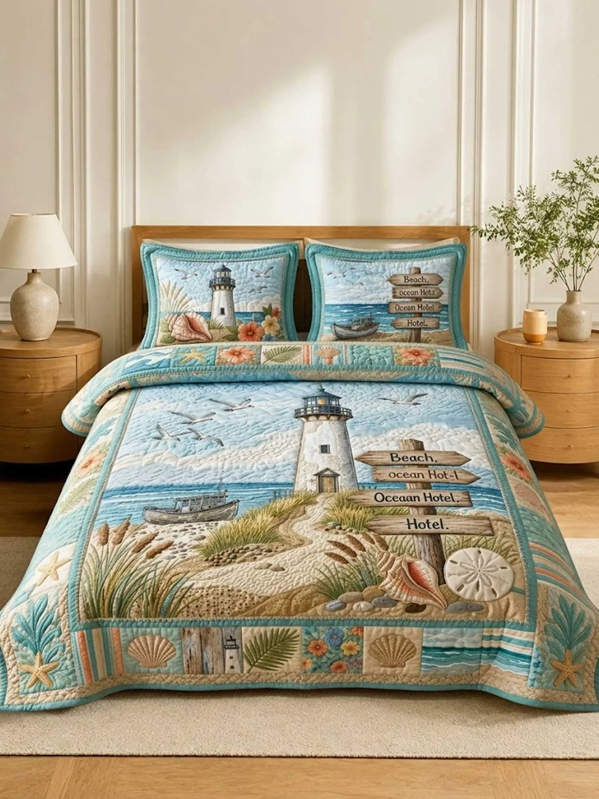 Coastal Life Lighthouse 3‐Piece Quilted Bedding Set