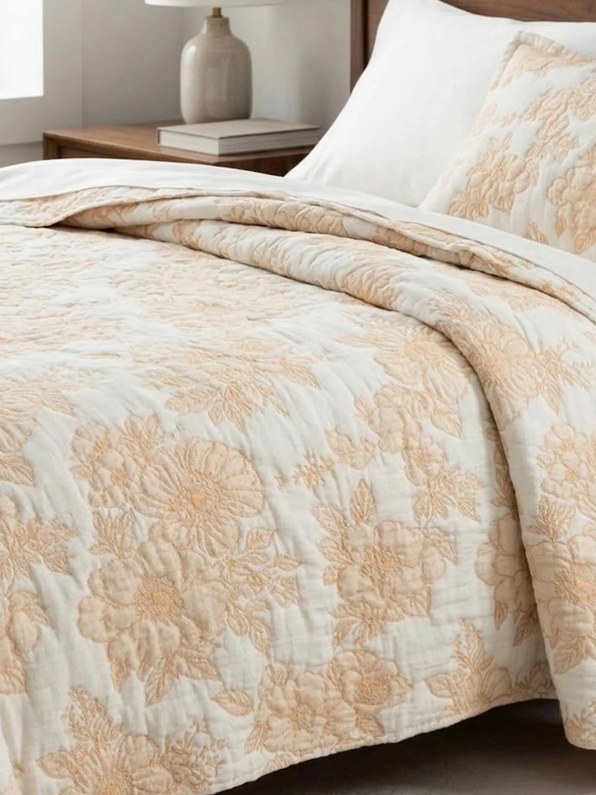 Warm Yellow Vintage Large Floral Quilted Bedspread Cotton Puff Quilt Blanket