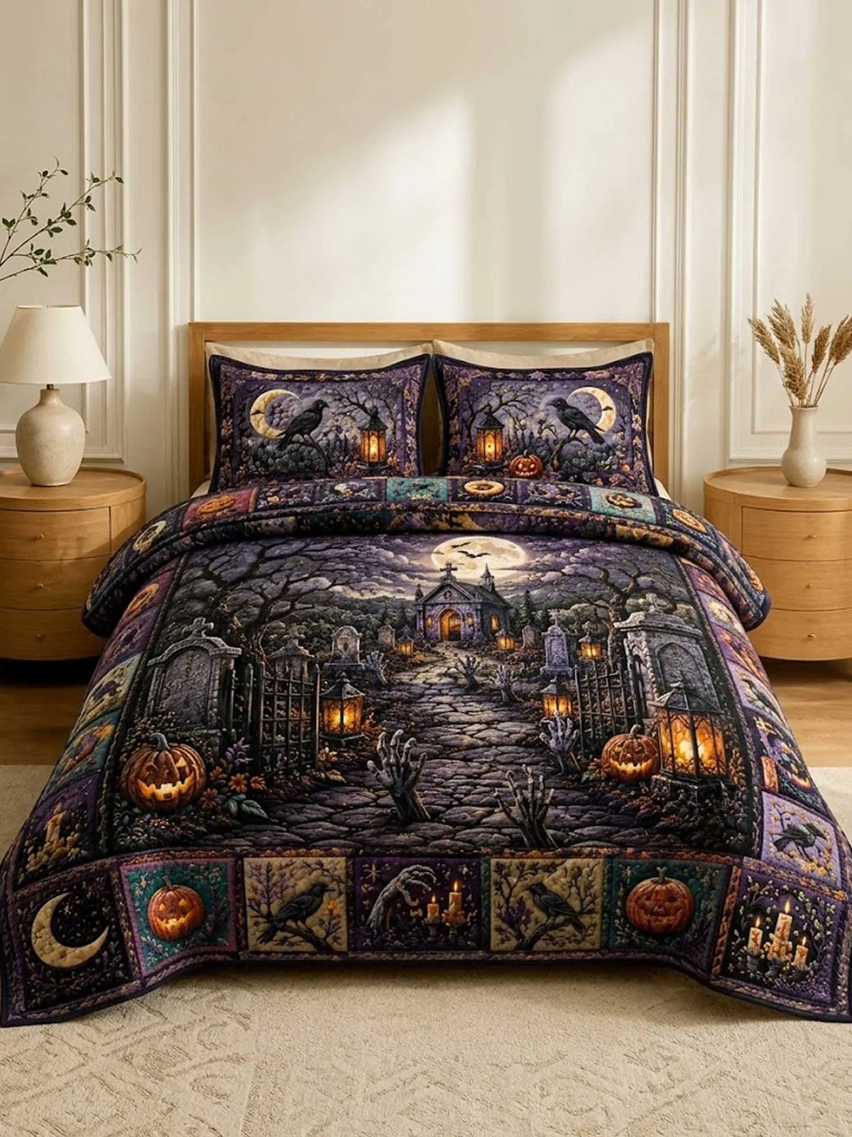 Moonlit Gothic Cemetery Chapel Halloween 3‐Piece Quilted Bedding Set