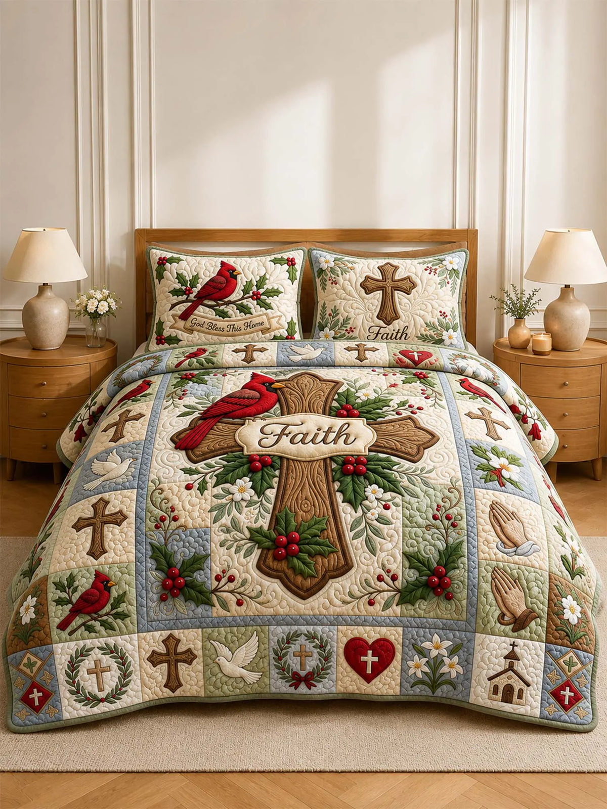 Cardinal Cross Faith Quilted 3-Piece Bedding Set