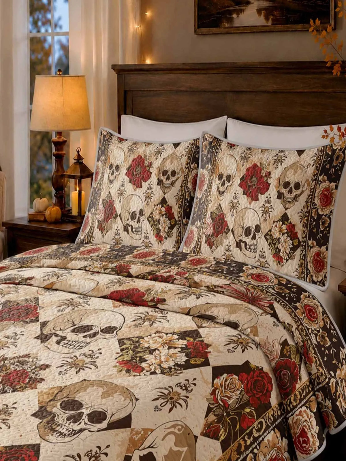 Skull Red Rose Vintage Floral Halloween Quilted 3‐Piece Bedding Set