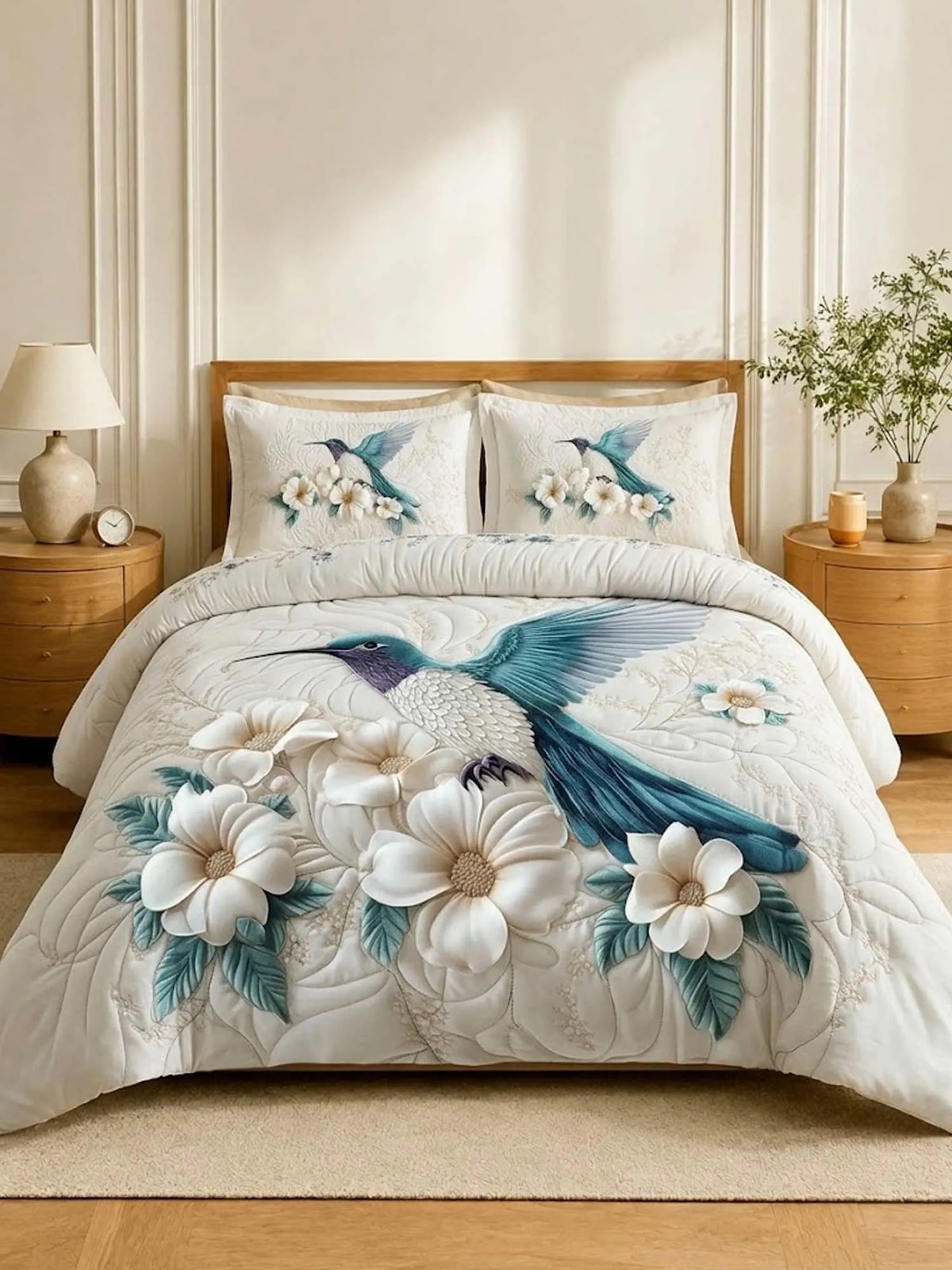 Winter Hummingbird 3‐ Piece Quilted Bedding Set
