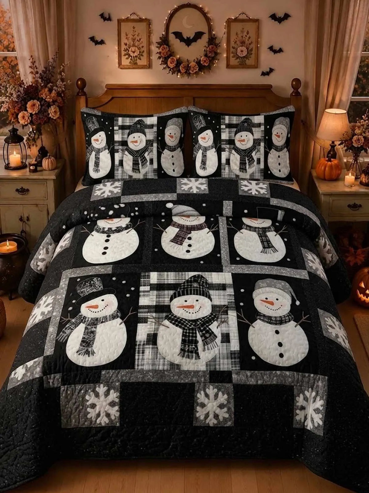 Snowman Buffalo Plaid Patchwork Quilted 3‐Piece Bedding Set