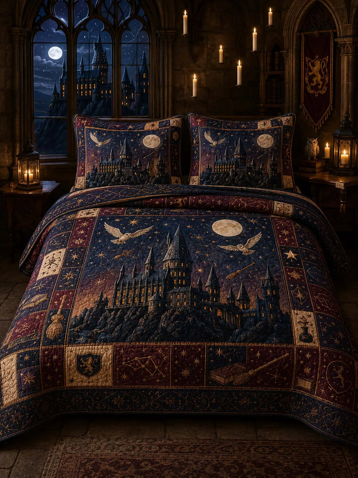 Medieval Starry Night Castle Gothic Owl Quilted 3‐Piece Bedding Set