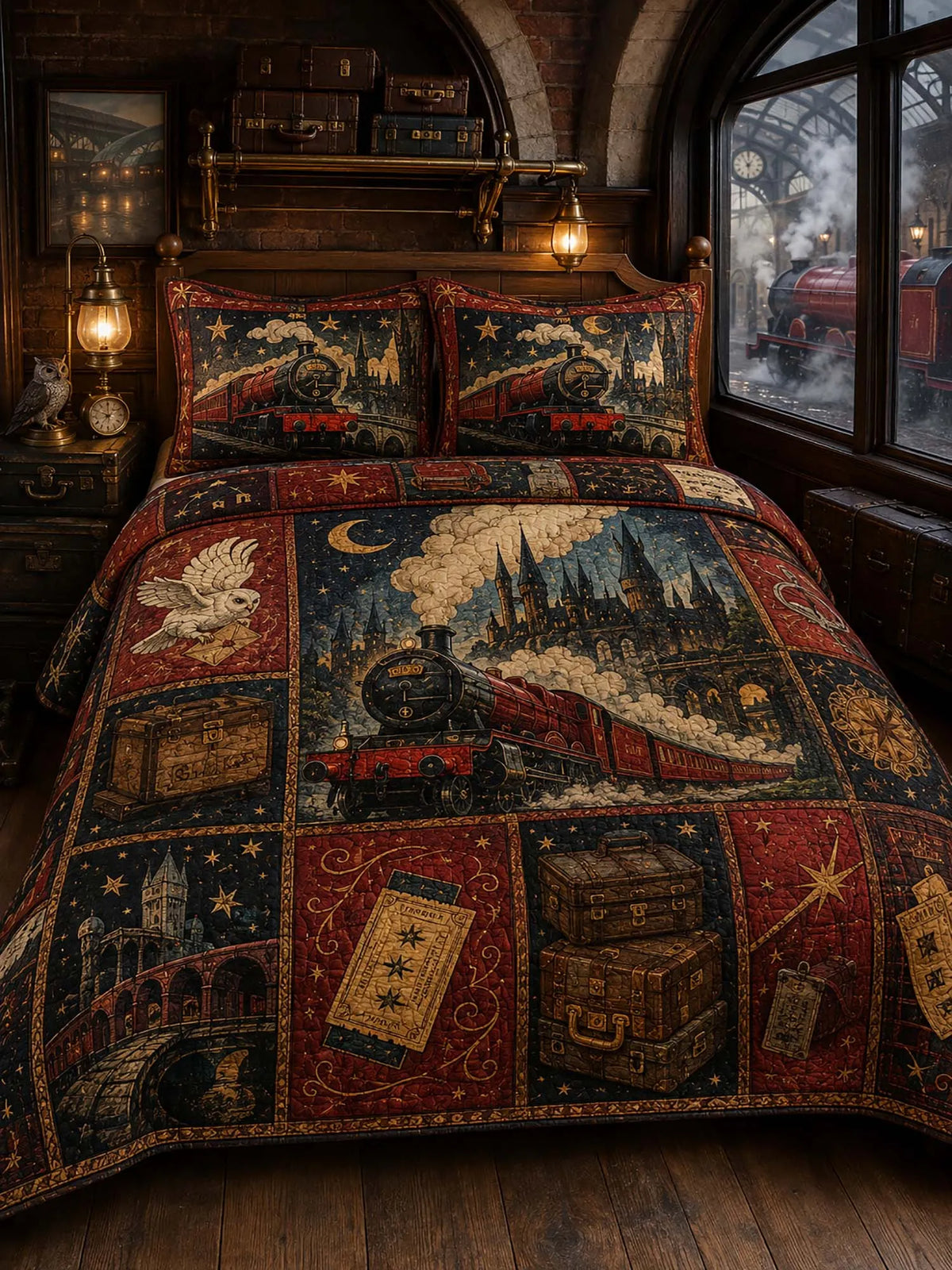 Vintage Steam Train Castle Owl Patchwork Quilted 3‐Piece Bedding Set