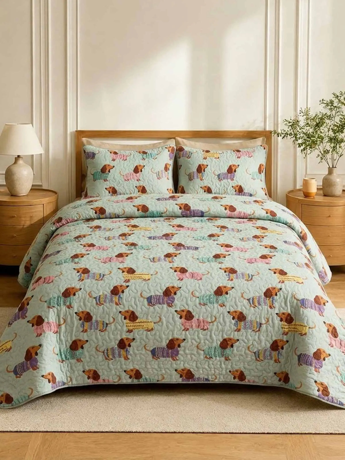 Mint Green Dachshund All‐Over Print Quilted 3‐Piece Bedding Set
